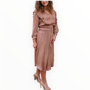 Anthropologie Current Air Satin Midi Dress Pleated Ruffle Trim Smock Drop Waist